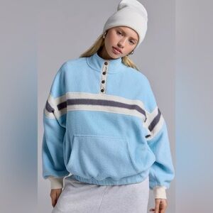 BDG Lodge Printed Fleece Quarter Snap Pullover in Baby Blue Size XL